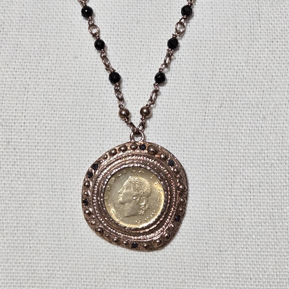 Bronzallure B Italy Italian Lira Coin Necklace Black Spinel Rosary Chain 24"
